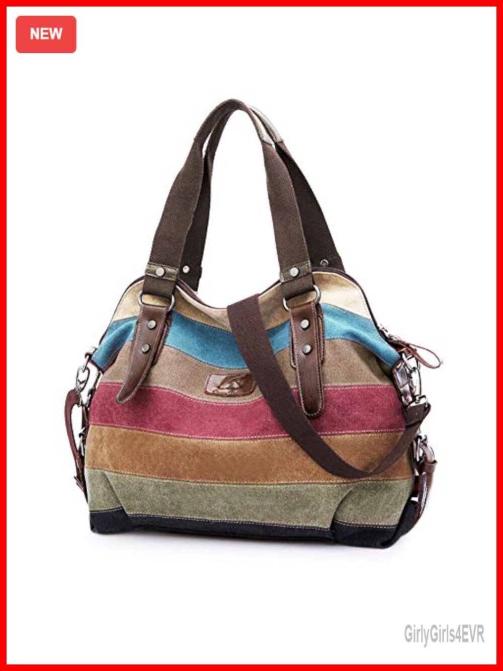 Canvas Crossbody Shoulder Bag - Striped Lattice Tote Handbag with Multiple